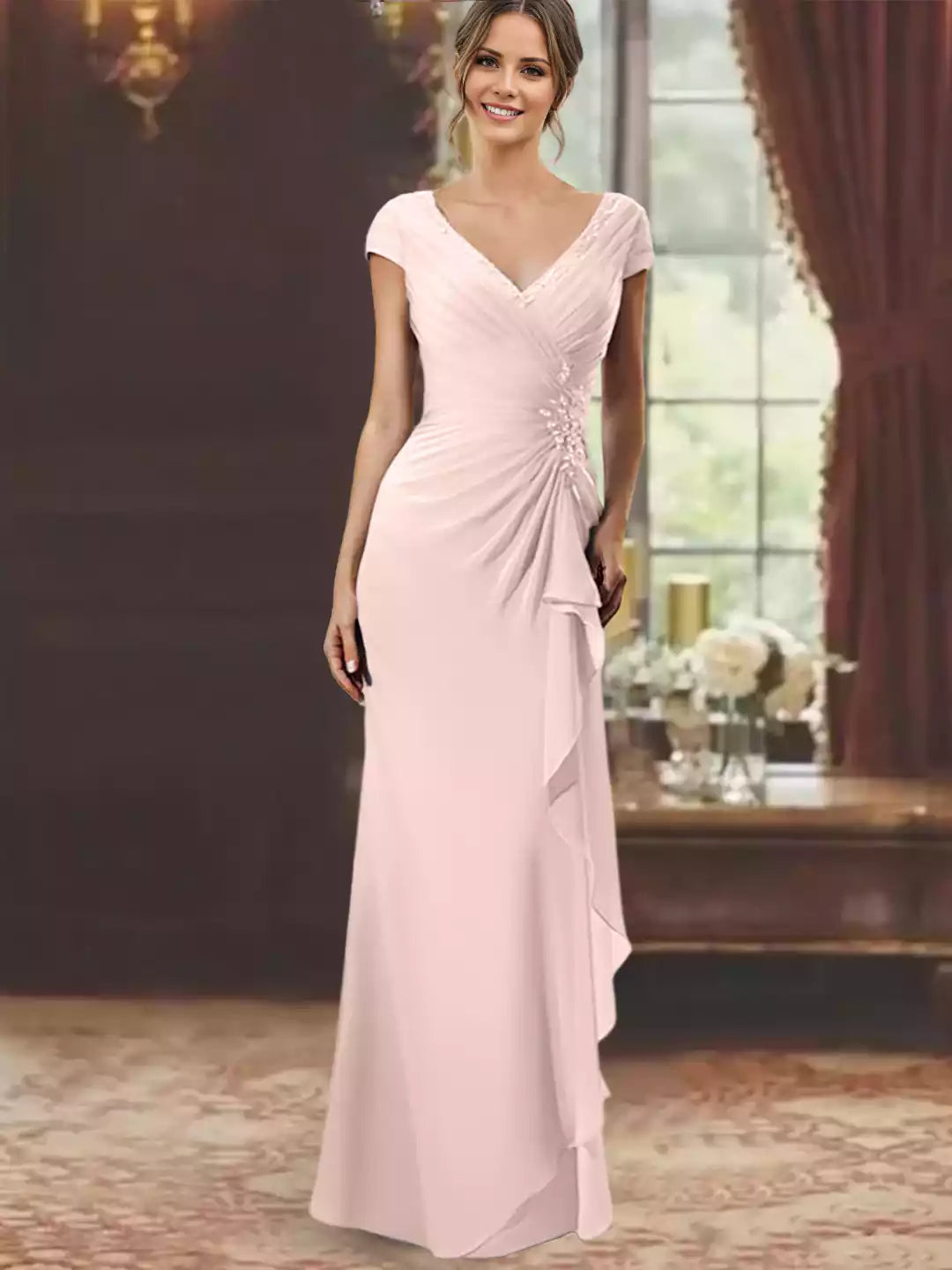 Column V-Neck Short Sleeves Floor-Length With Ruffles Appliques Mother of the Bride Dress