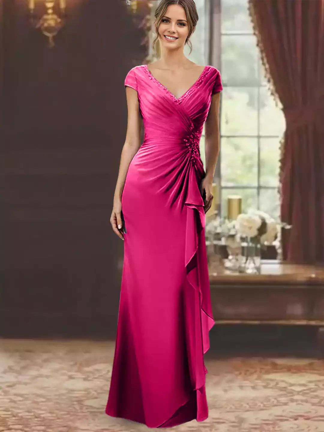 Column V-Neck Short Sleeves Floor-Length With Ruffles Appliques Mother of the Bride Dress