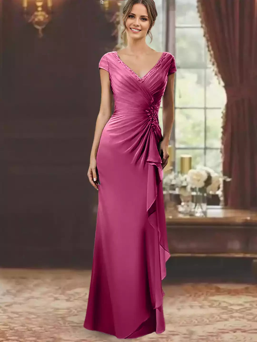 Column V-Neck Short Sleeves Floor-Length With Ruffles Appliques Mother of the Bride Dress