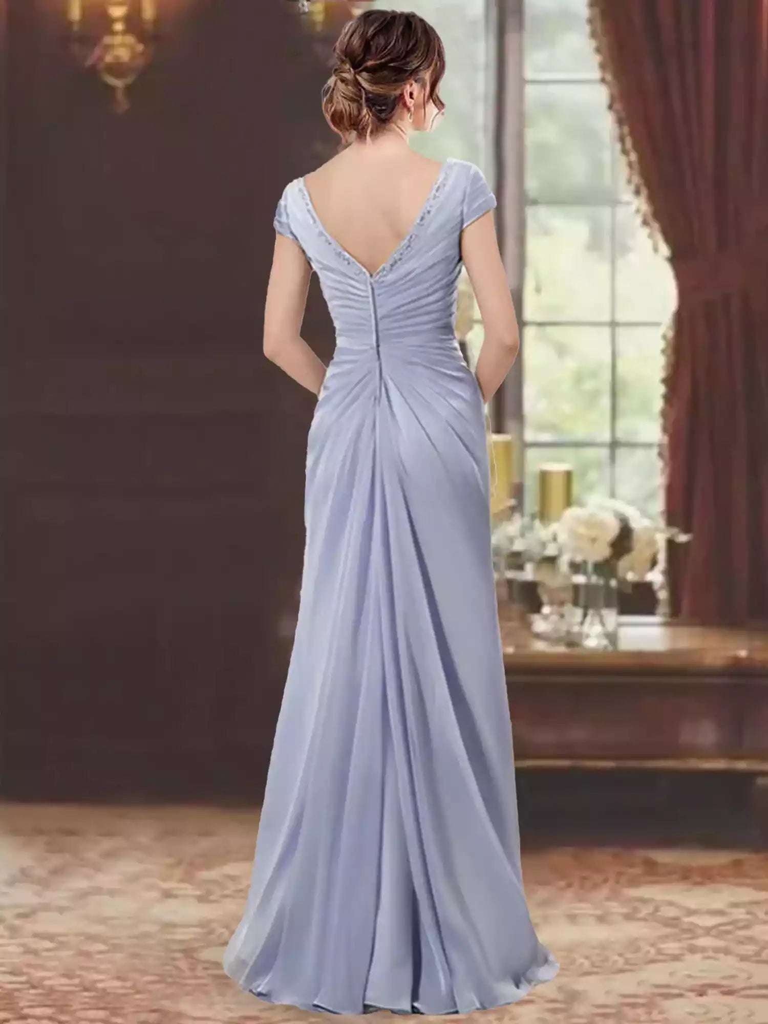 Column V-Neck Short Sleeves Floor-Length With Ruffles Appliques Mother of the Bride Dress