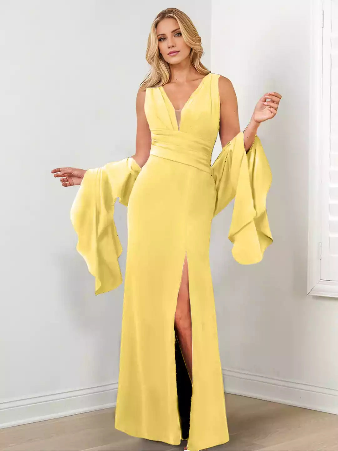 Column V-Neck with Wraps Split Side Mother of the Bride Dresses