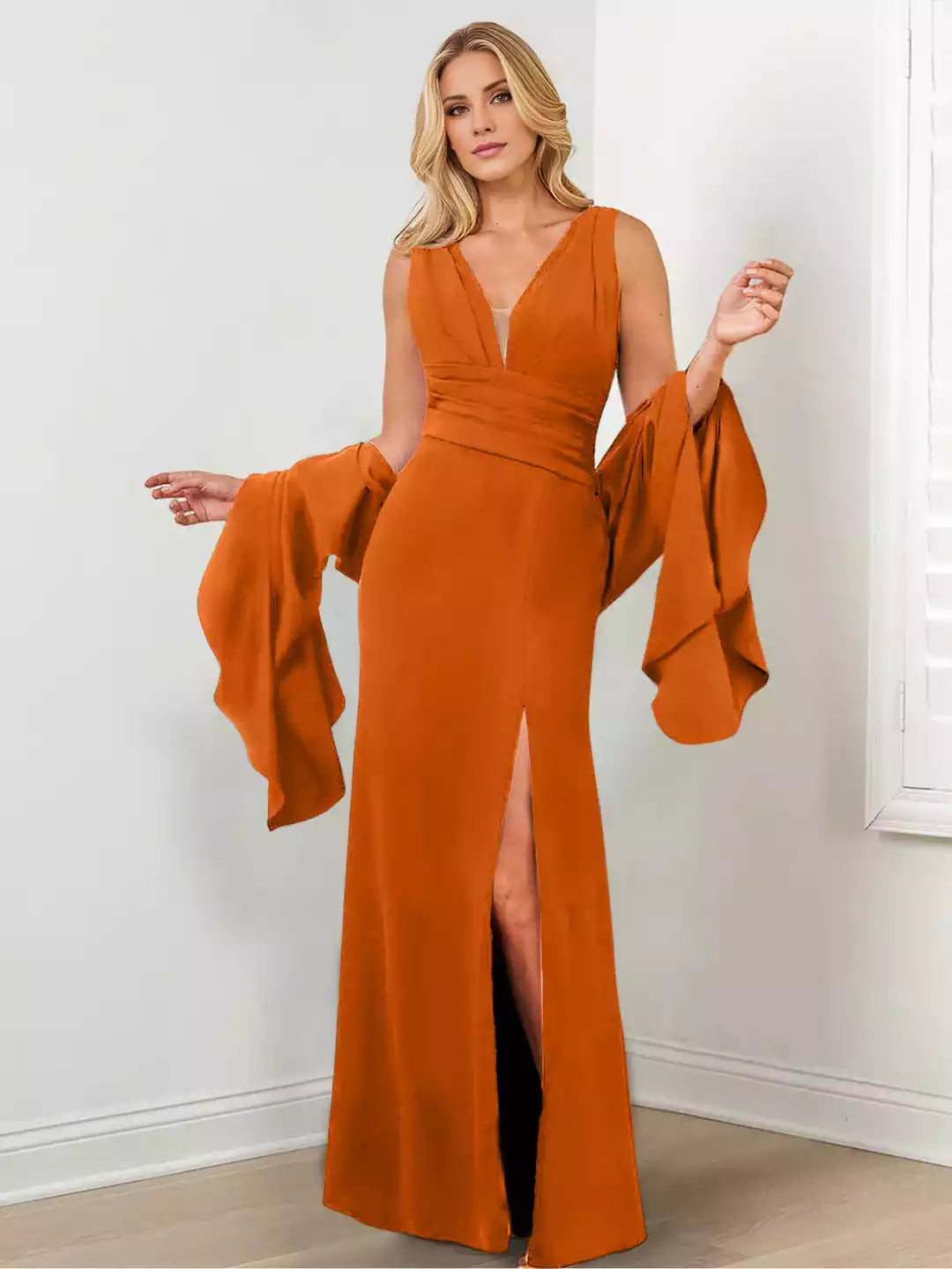 Column V-Neck with Wraps Split Side Mother of the Bride Dresses