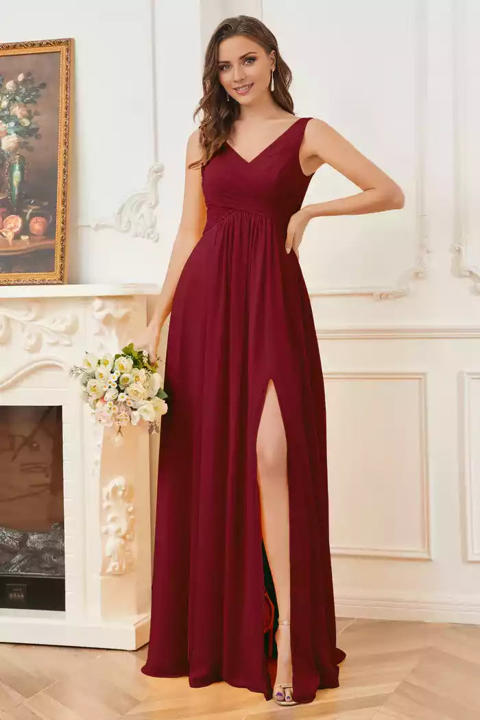 Column V-neck Chiffon Sleeveless Split Fork Bridesmaid Dresses