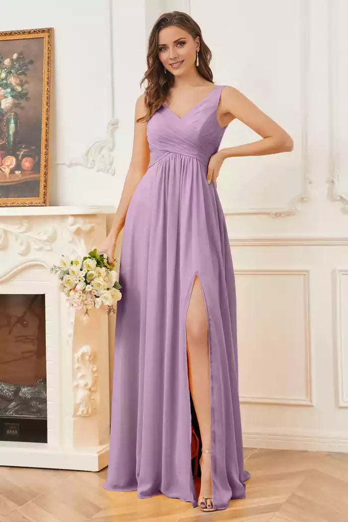 Column V-neck Chiffon Sleeveless Split Fork Bridesmaid Dresses