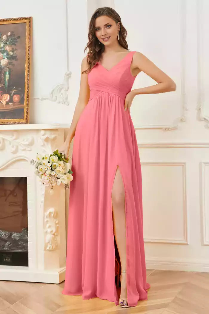 Column V-neck Chiffon Sleeveless Split Fork Bridesmaid Dresses