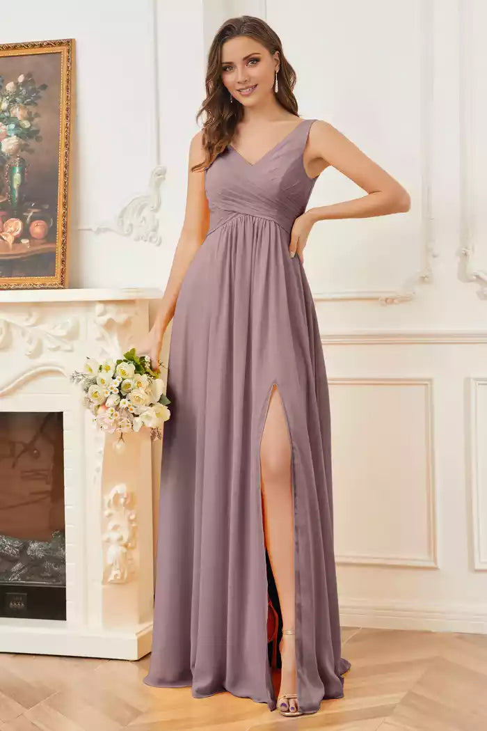 Column V-neck Chiffon Sleeveless Split Fork Bridesmaid Dresses