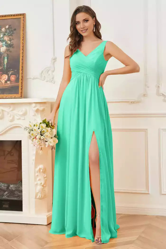 Column V-neck Chiffon Sleeveless Split Fork Bridesmaid Dresses