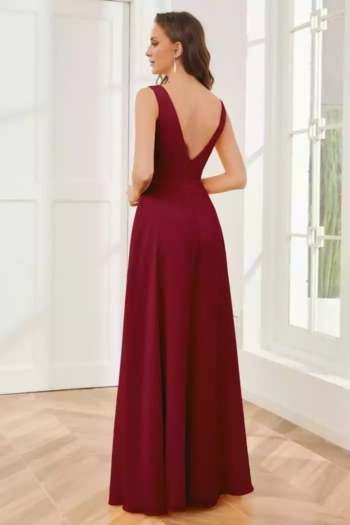 Column V-neck Chiffon Sleeveless Split Fork Bridesmaid Dresses