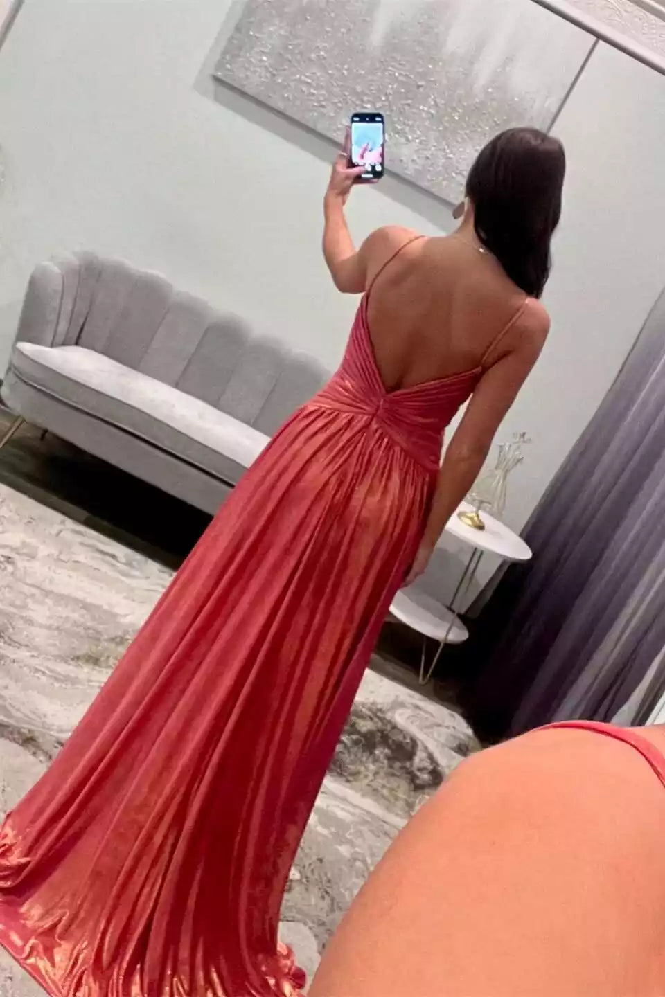 Copper Red Satin Pleated Cutout Gown – Sleek & Alluring Evening Party Dress