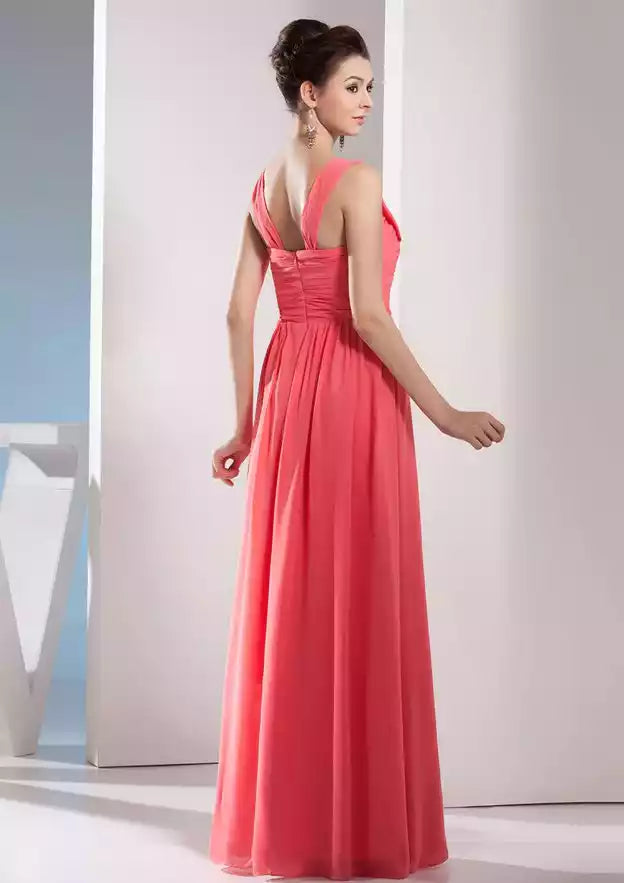 Coral Chiffon Ruched A-Line Gown – Bright & Airy Evening Party Dress