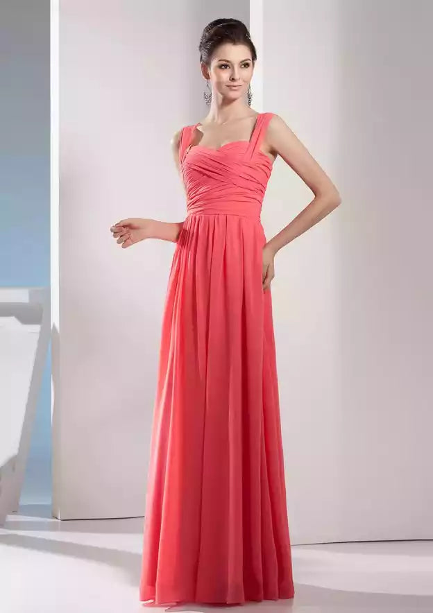 Coral Chiffon Ruched A-Line Gown – Bright & Airy Evening Party Dress