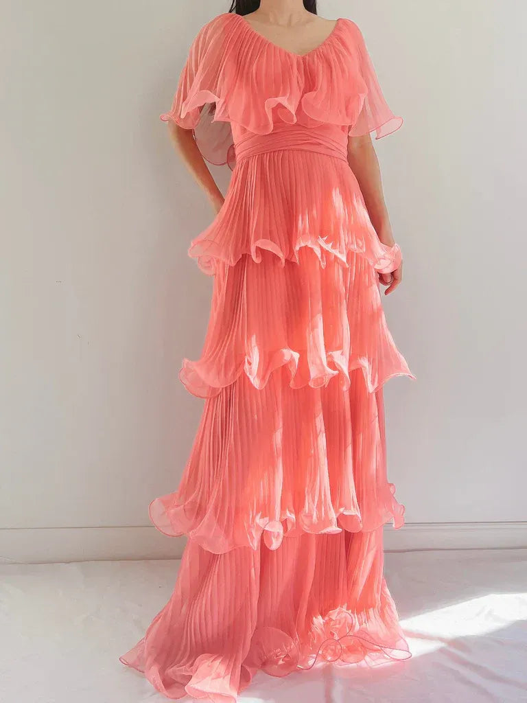 Coral Pink Pleated Ruffle Tiered Maxi Dress – V-Neck Flutter Sleeve Evening Gown