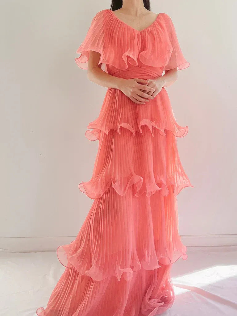 Coral Pink Pleated Ruffle Tiered Maxi Dress – V-Neck Flutter Sleeve Evening Gown