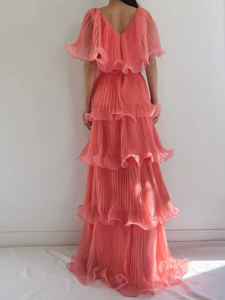 Coral Pink Pleated Ruffle Tiered Maxi Dress – V-Neck Flutter Sleeve Evening Gown