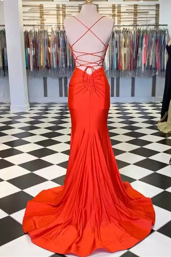 Coral Red Satin Crisscross-Back Mermaid Gown – Bold & Sleek Evening Party Dress