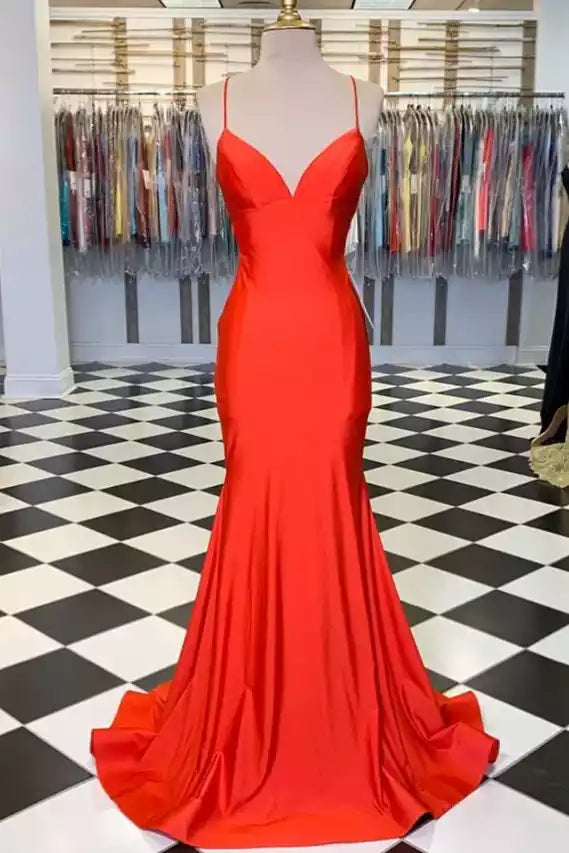 Coral Red Satin Crisscross-Back Mermaid Gown – Bold & Sleek Evening Party Dress