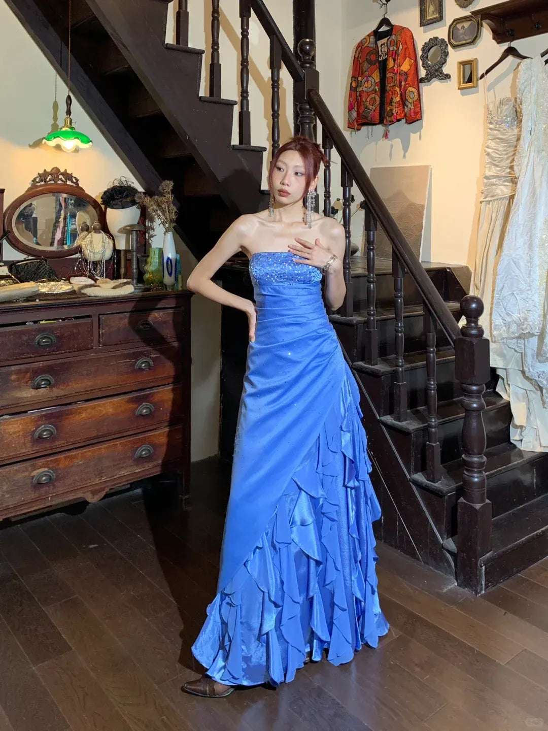 Cornflower Blue Satin Ruffle Maxi Dress – Beaded Strapless Formal Gown with Asymmetrical Skirt