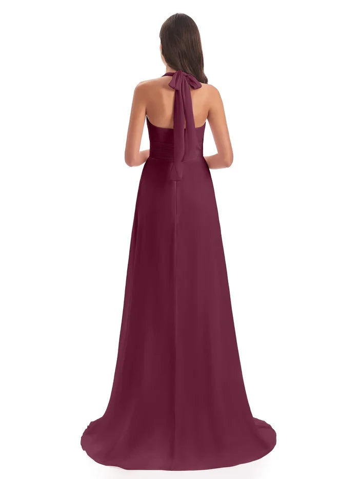 Court Train High-low Halter Chiffon Bridesmaid Dresses
