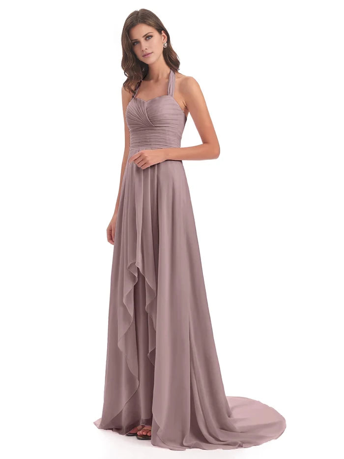Court Train High-low Halter Chiffon Bridesmaid Dresses