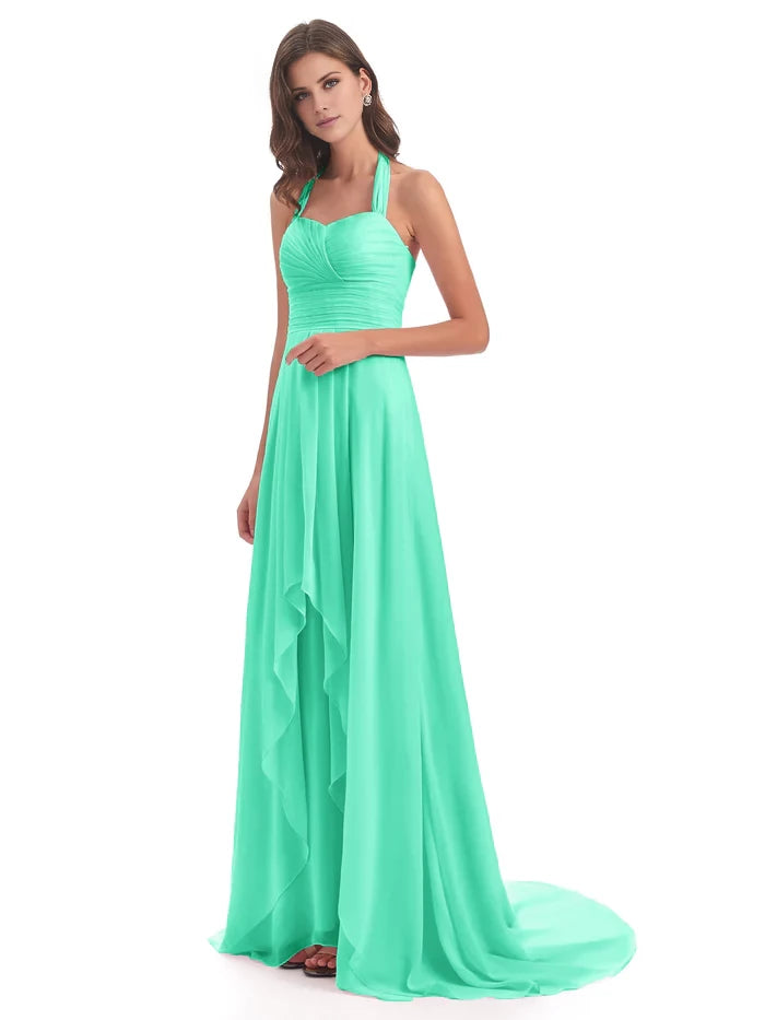 Court Train High-low Halter Chiffon Bridesmaid Dresses