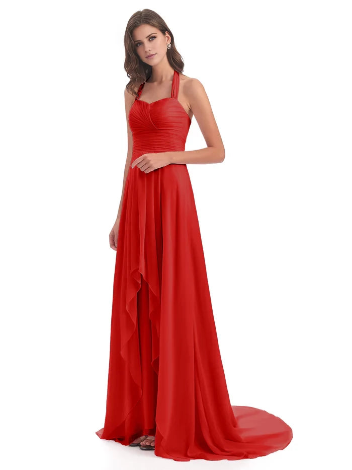 Court Train High-low Halter Chiffon Bridesmaid Dresses