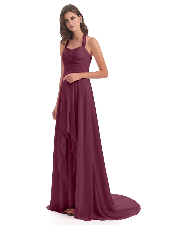 Court Train High-low Halter Chiffon Bridesmaid Dresses