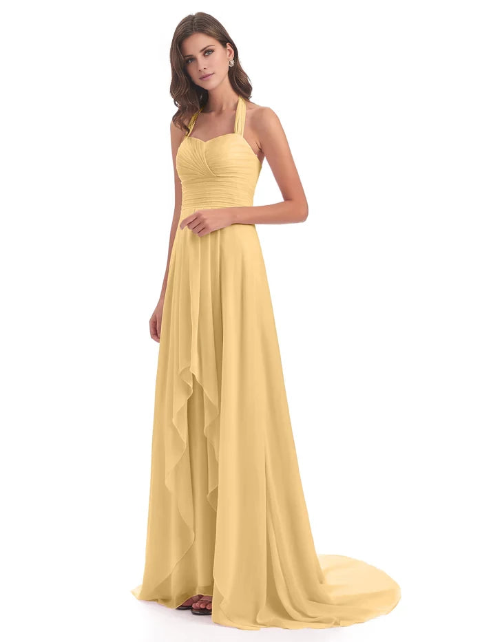 Court Train High-low Halter Chiffon Bridesmaid Dresses