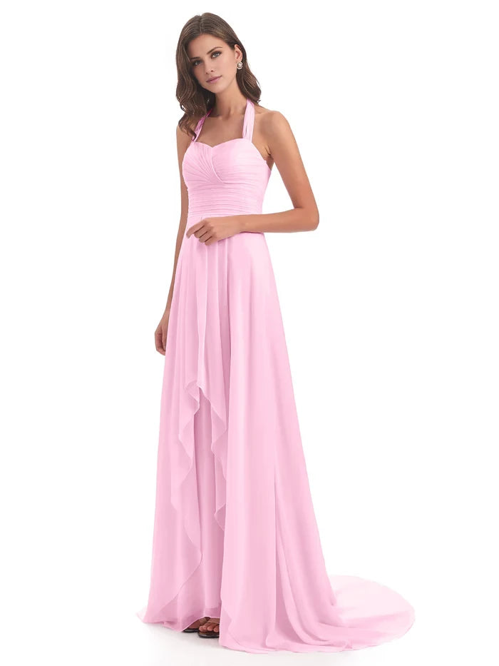 Court Train High-low Halter Chiffon Bridesmaid Dresses