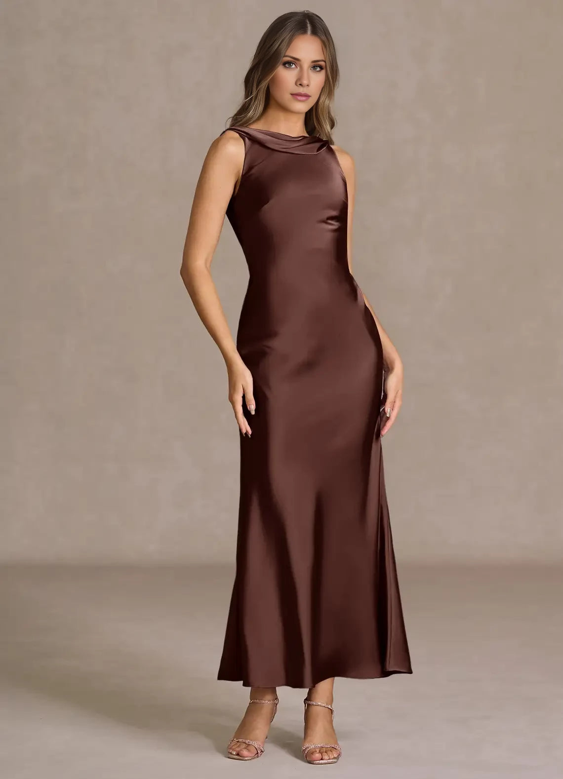 Cowl Neck Sleeveless Ankle-Length Open Back evening dress for female guests