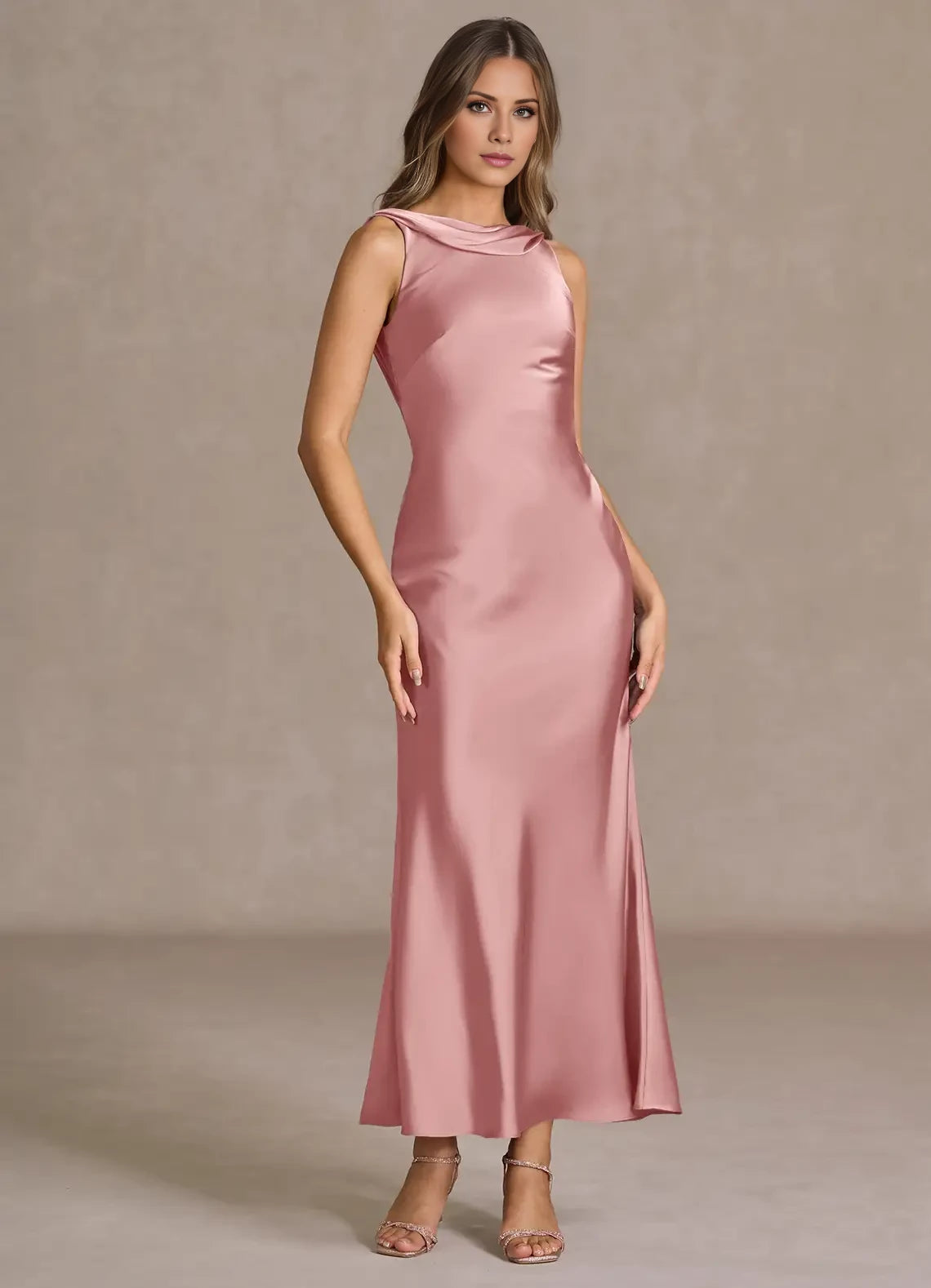 Cowl Neck Sleeveless Ankle-Length Open Back evening dress for female guests