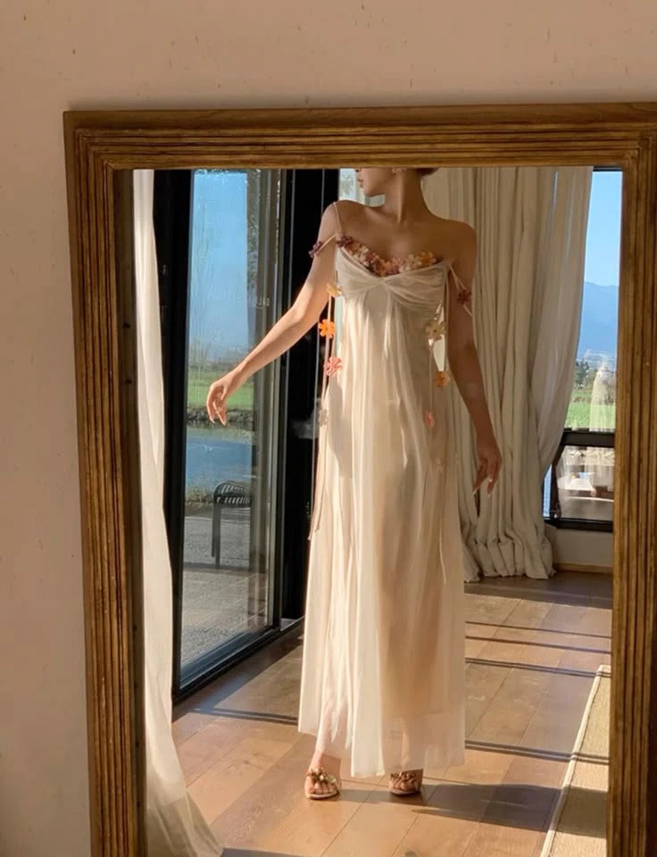 Cream 3D Floral Tulle Spaghetti Strap Maxi Dress