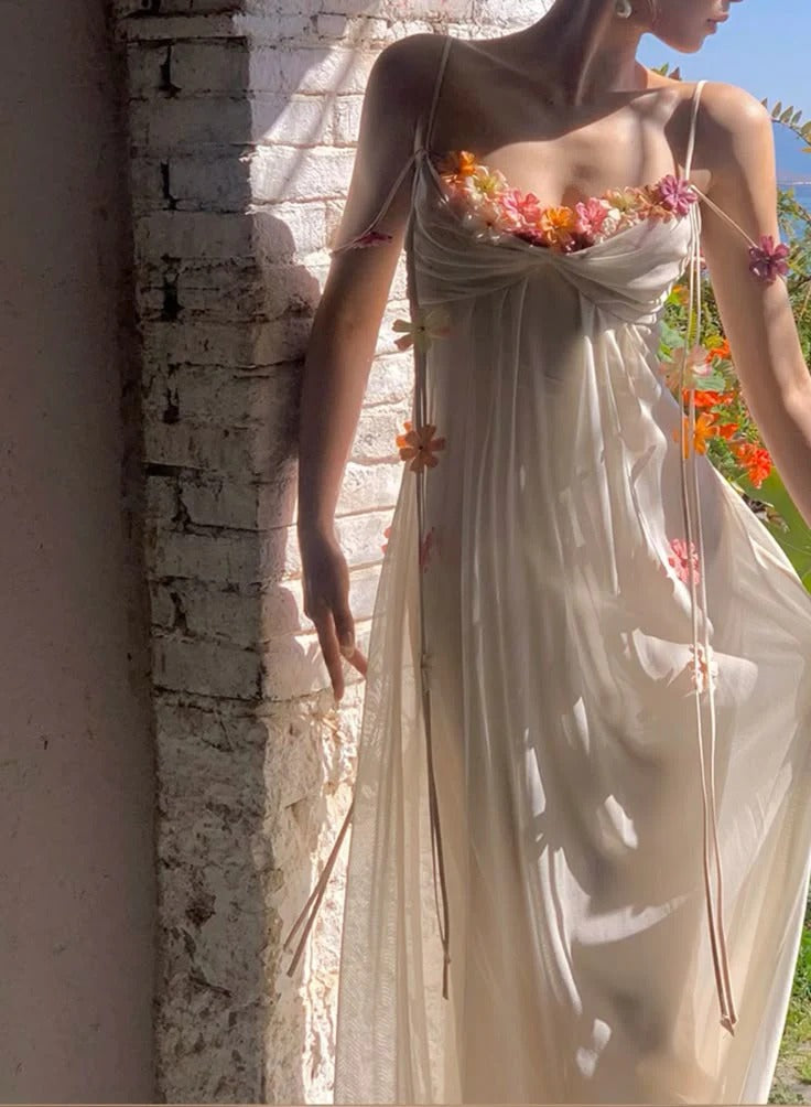 Cream 3D Floral Tulle Spaghetti Strap Maxi Dress