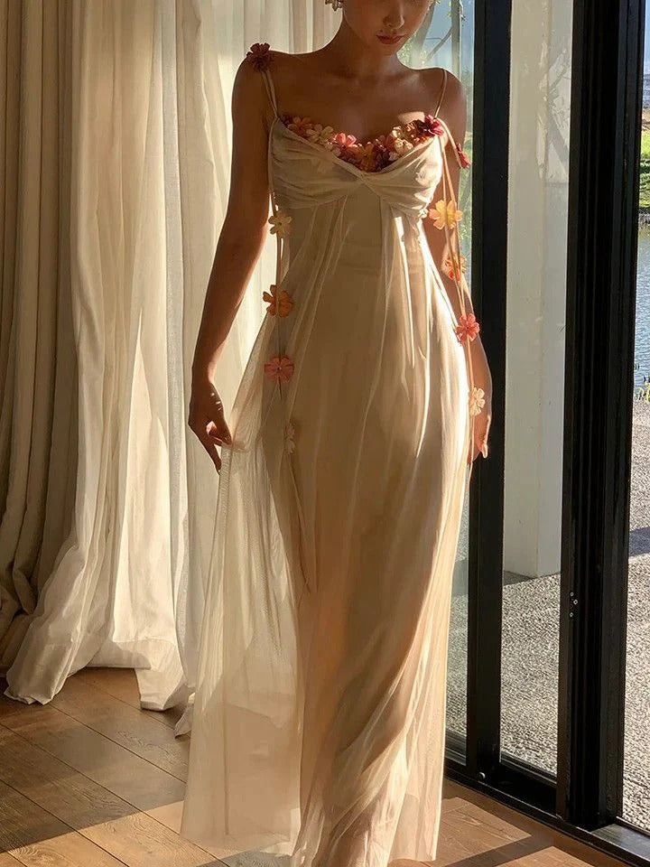 Cream 3D Floral Tulle Spaghetti Strap Maxi Dress
