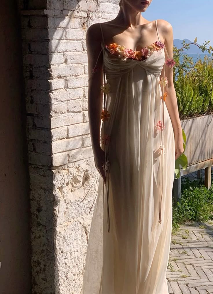 Cream 3D Floral Tulle Spaghetti Strap Maxi Dress