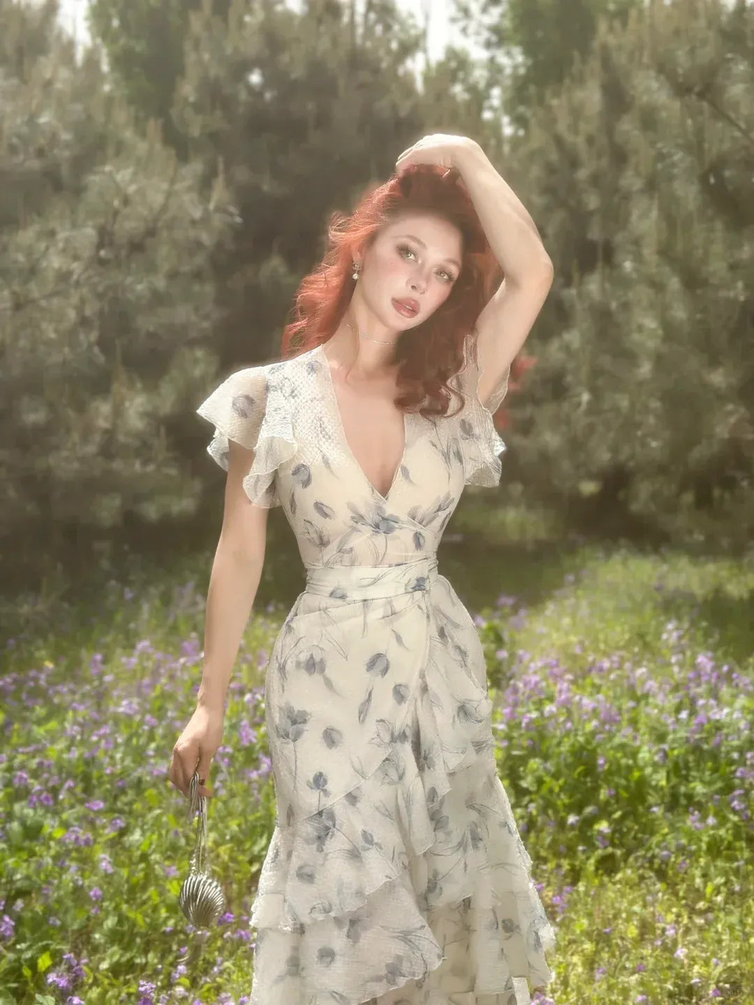 Cream Blue Floral Ruffle Sleeve Wrap Midi Dress – Garden Brunch Party Gown
