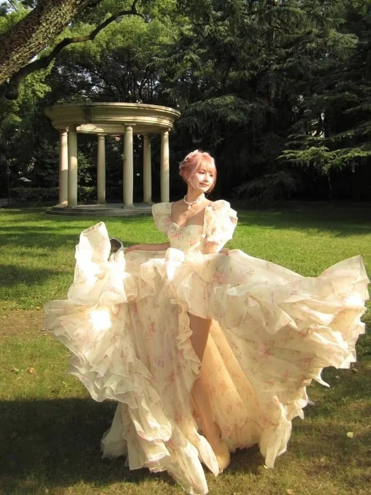 Cream Floral Puffed Sleeve Ruffled Tulle Ball Gown