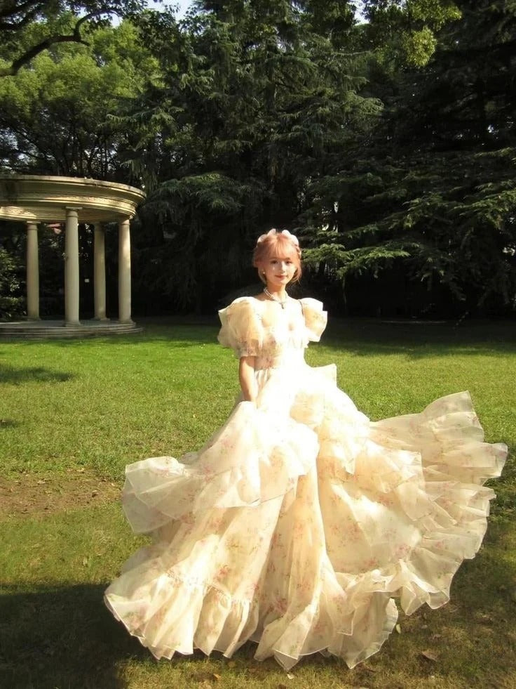 Cream Floral Puffed Sleeve Ruffled Tulle Ball Gown
