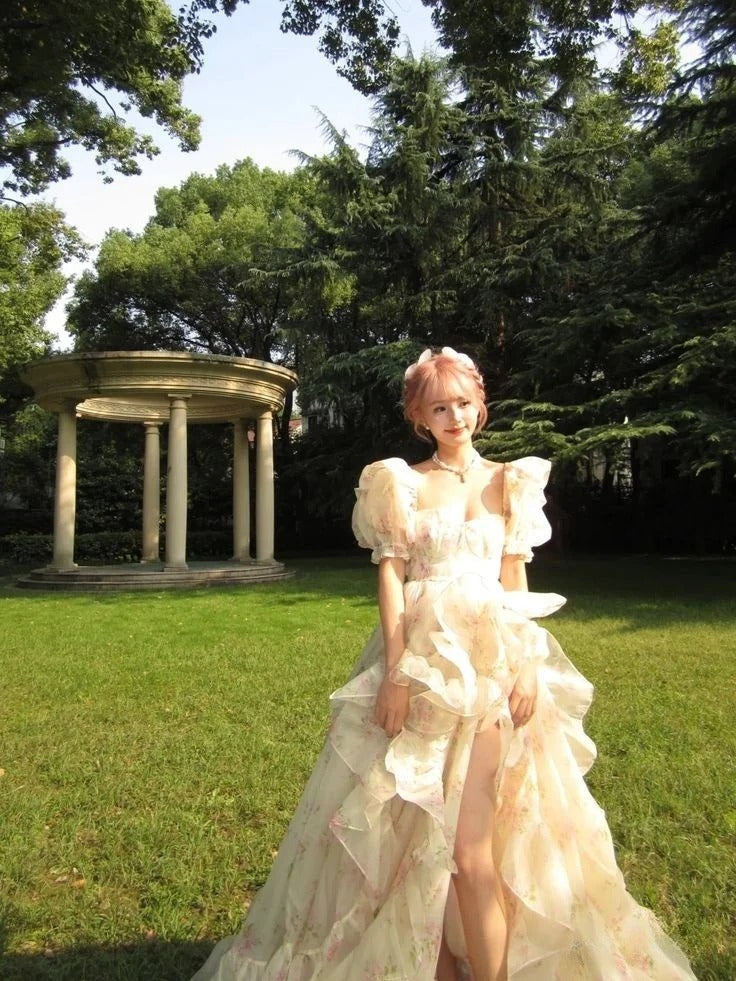 Cream Floral Puffed Sleeve Ruffled Tulle Ball Gown