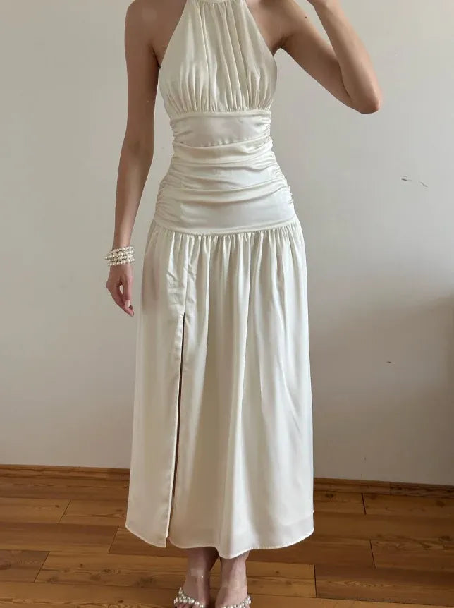 Cream Halter Ruched High Slit Satin Maxi Dress