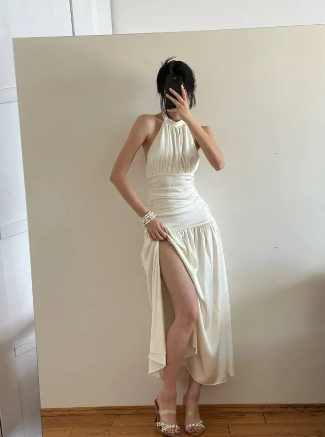 Cream Halter Ruched High Slit Satin Maxi Dress