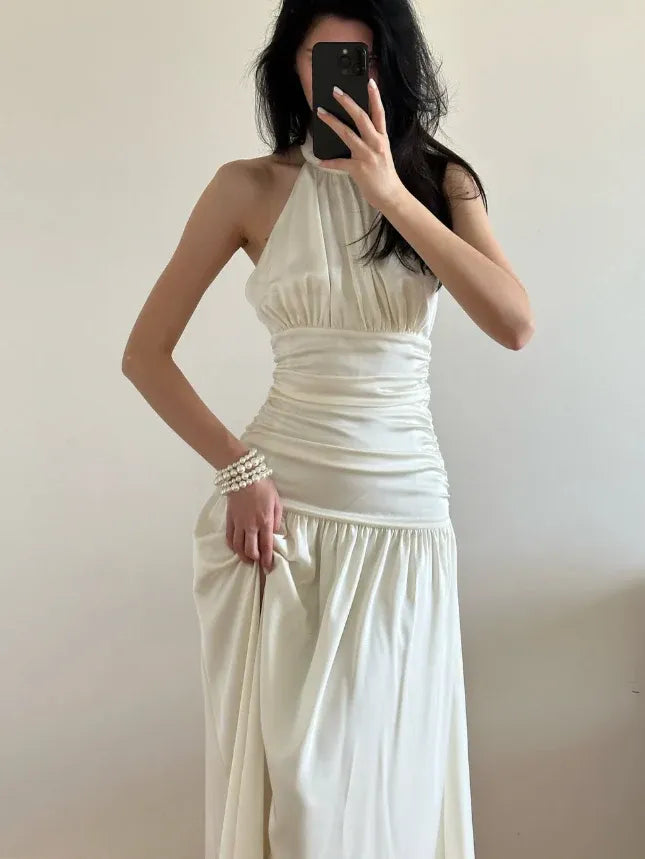 Cream Halter Ruched High Slit Satin Maxi Dress