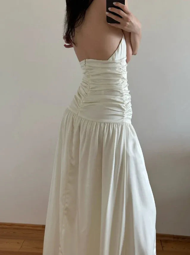 Cream Halter Ruched High Slit Satin Maxi Dress