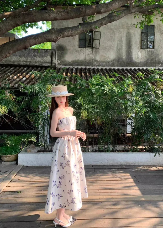 Cream Purple Floral Strapless A-Line Midi Dress – Vacation Brunch Party Gown