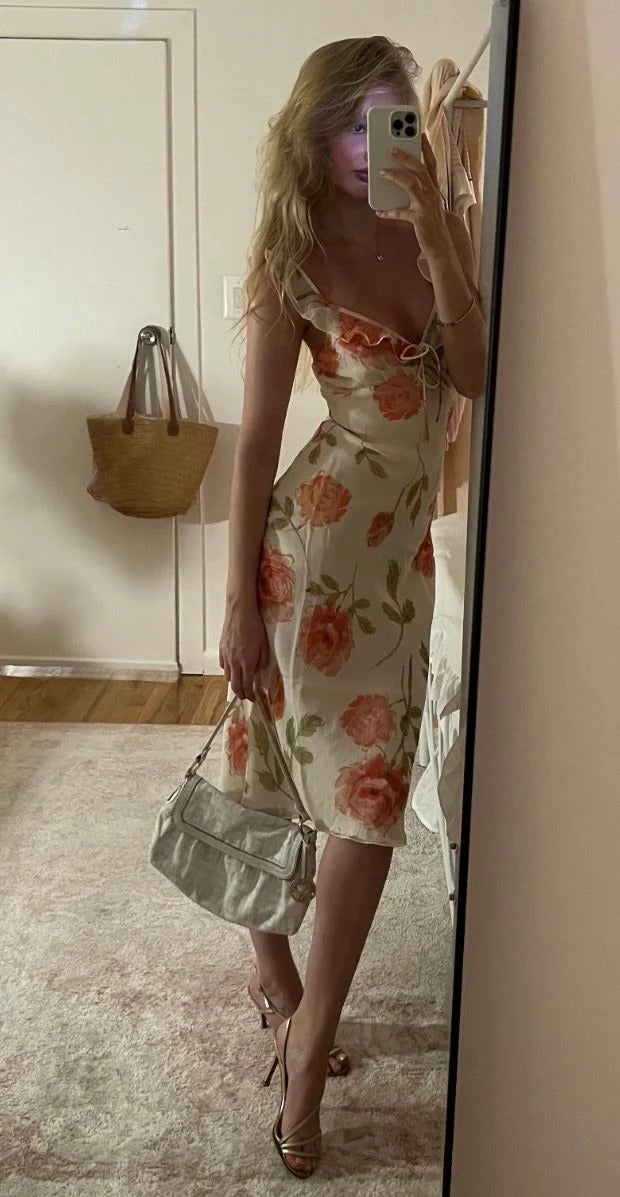 Cream Rose Print Midi Dress – Ruffle Strap Sweetheart Neckline Gown
