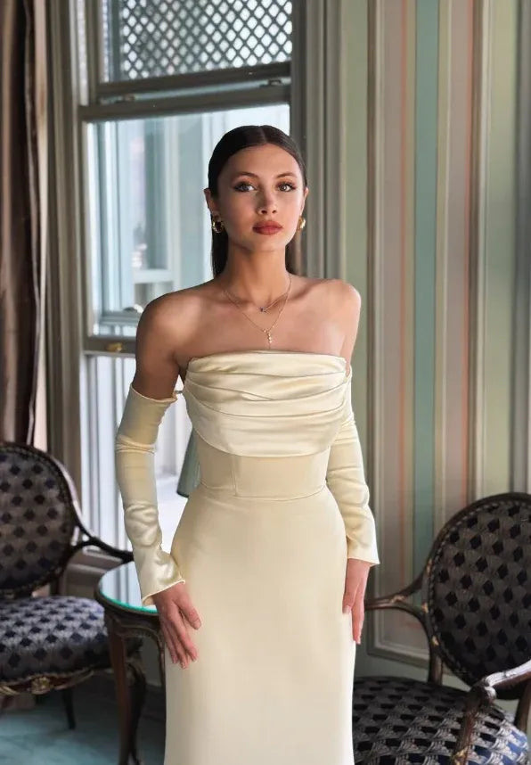 Cream Satin Off-the-Shoulder Mermaid Gown with Detachable Sleeves