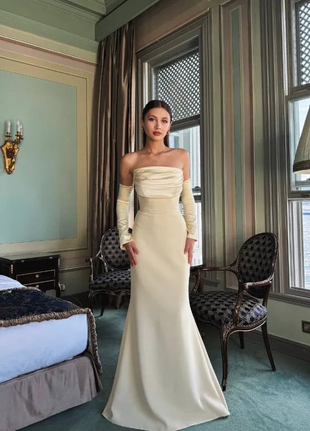 Cream Satin Off-the-Shoulder Mermaid Gown with Detachable Sleeves