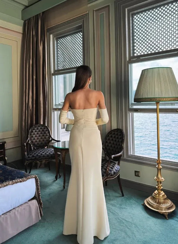 Cream Satin Off-the-Shoulder Mermaid Gown with Detachable Sleeves