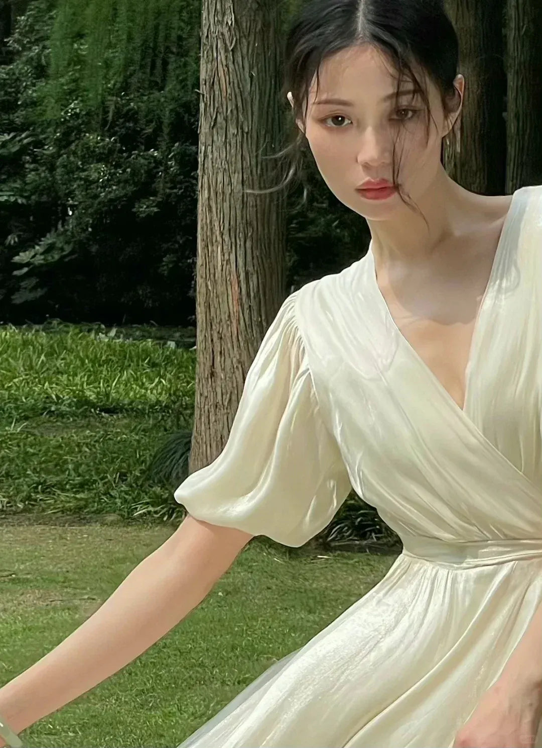 Cream Shiny Satin Puff Sleeve Wrap Maxi Dress