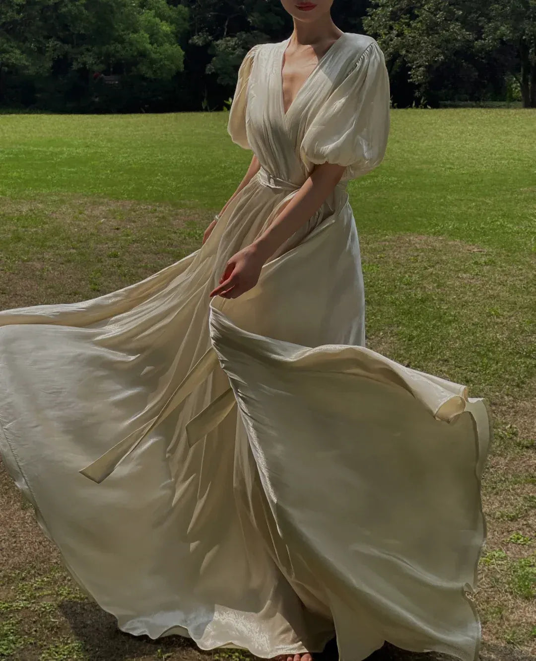 Cream Shiny Satin Puff Sleeve Wrap Maxi Dress