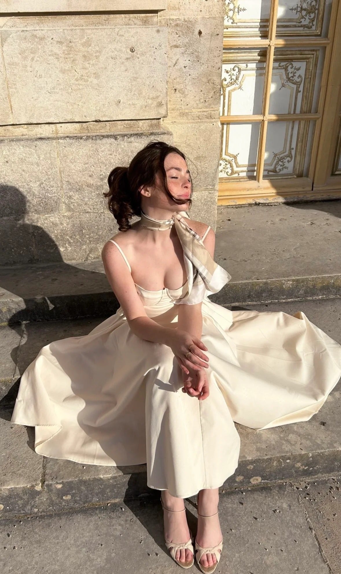 Cream Spaghetti Strap Sweetheart Neck Fit-and-Flare Midi Dress
